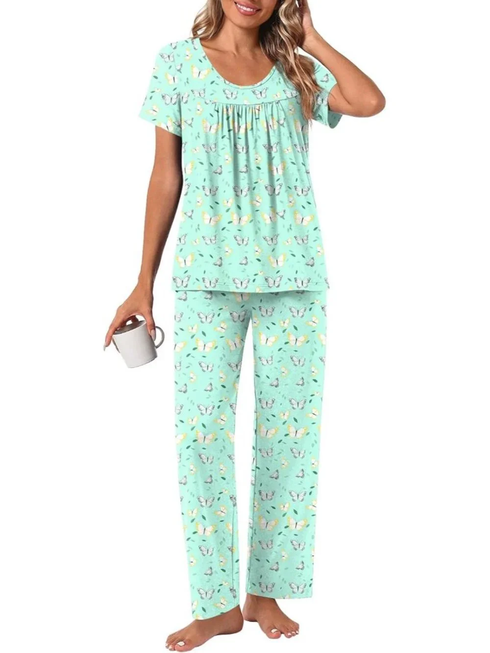 Women's Butterfly Green Loungewear 2 Piece Pajama Sets Sleepwear with Pockets
